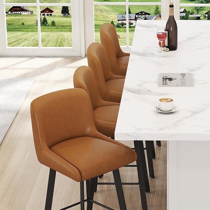 Swivel Counter Height Bar Stools Set of 4, 26''H Upholstered Barstools with Backs, Modern Bar Stool Chairs for Kitchen Island, Metal Legs, Faux Leather, Whiskey Brown Stools Counter Chair