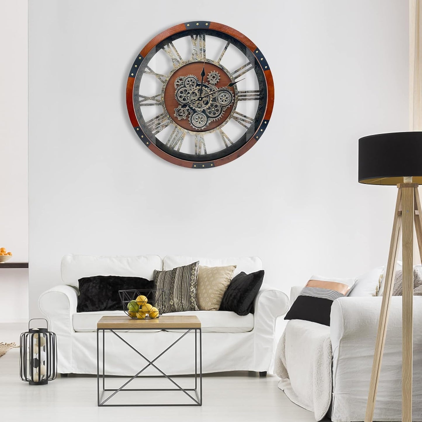 DORBOKER 27" Original Moving Gears Wall Clock, Large Industrial Wall Clock for Living Room Decor, Retro Metal Solid Wood Vintage Farmhouse Steampunk Rustic Clocks for Wall Decor,Black Walnut