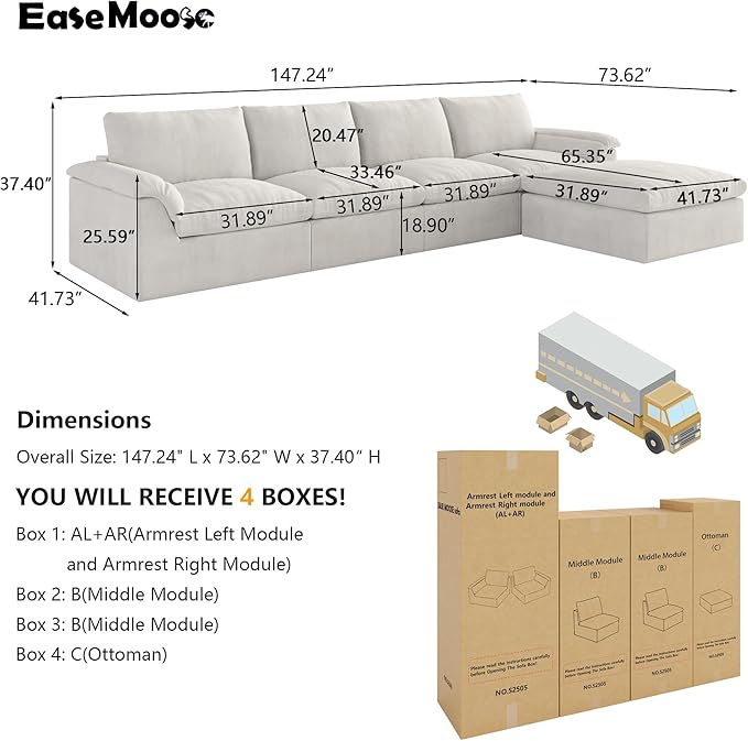 EASE MOOSE Oversized Cloud Couch Sectional Sofa, L-Shaped Large Modular Couch for Living Room, Minimalist Boneless Convertible Couches with Ottoman, 5-Seat Deep Sofas for Bedroom, Chenille (White)