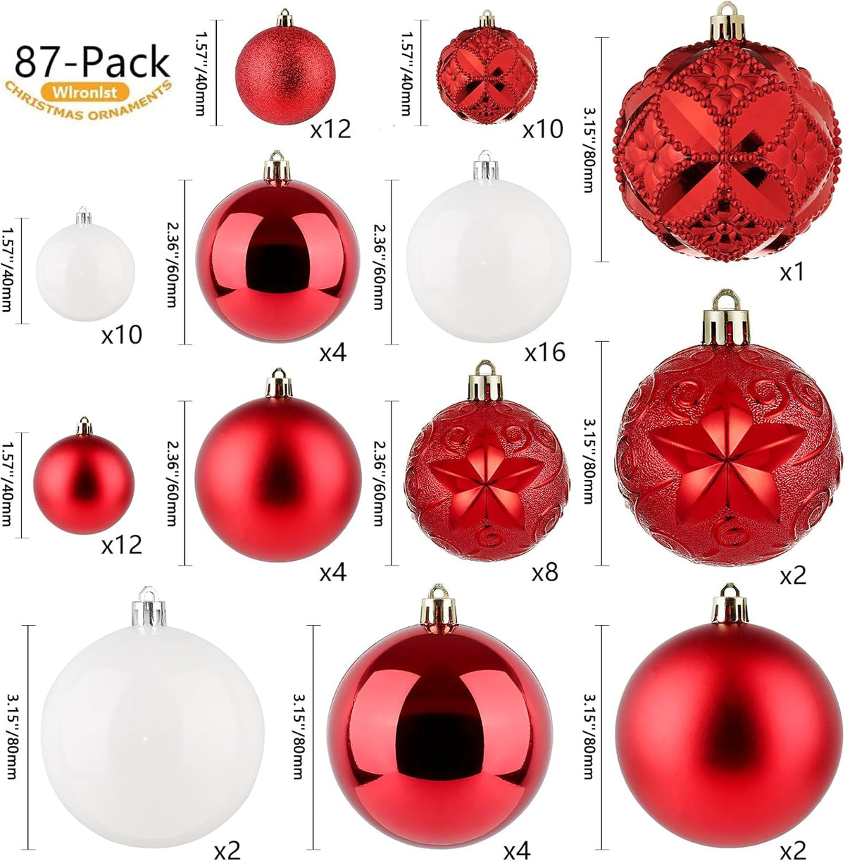 87-Pack Shatterproof Christmas Ball Ornaments Set, Christmas Tree Decorations with Hand-held Gift Package for Xmas Tree Holiday Wedding Party, Red