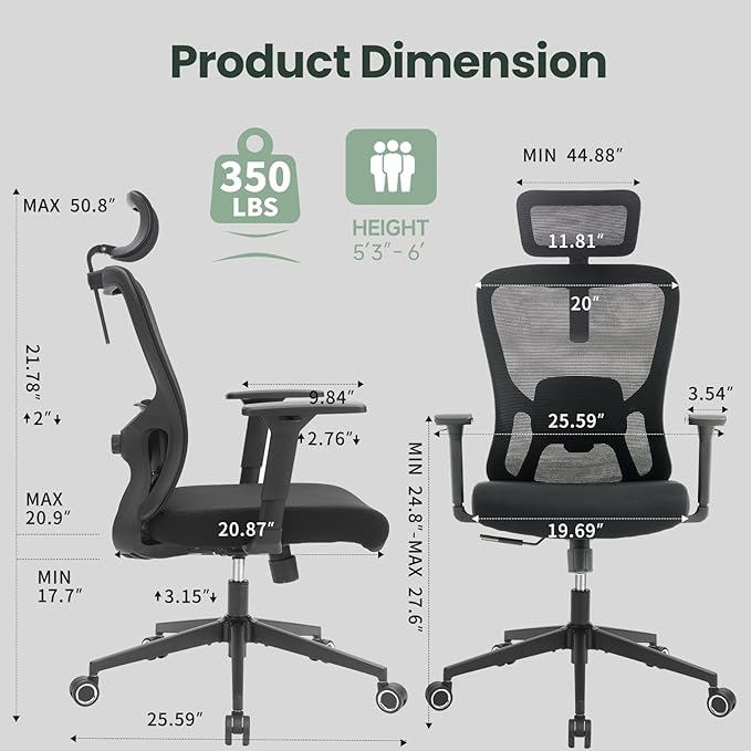 Ergonomic Office Chair - 350LB Mesh Office Chair with Adjustable Lumbar, High Back Computer Desk Chair with 3D Armrests, Comfy Chair with 2D Headrest & Tilt Function for Study, Work, Gaming