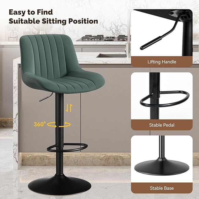 Nalupatio Bar Stools Set of 2, Adjustable Modern Swivel Bar Stools with Backs, Counter Height Performance Fabric Island Chairs for Home Kitchen, Dark Green