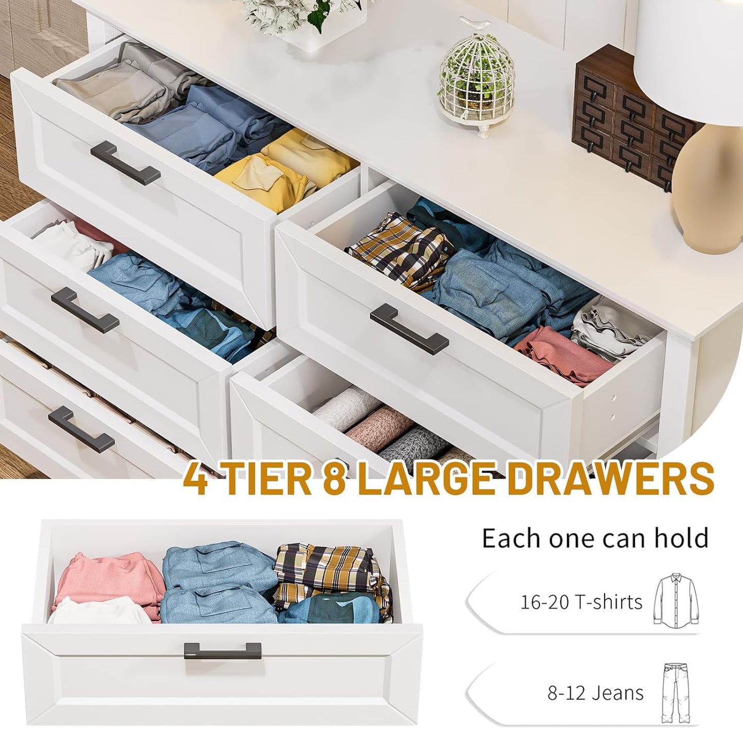 Odeekea White Dresser for Bedroom, Wood Dresser with 8 Drawers, Chest of Drawer for Bedroom Living Room Entryway Hallway, Modern Farmhouse Style