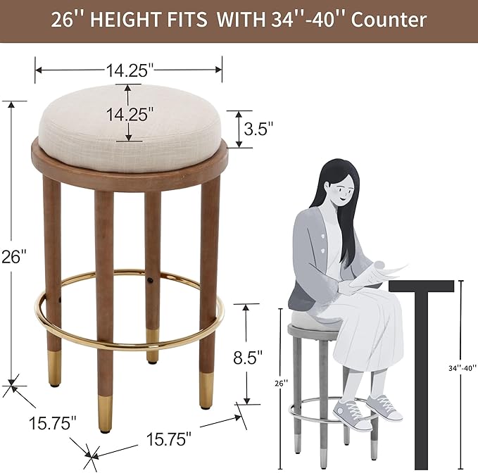 26’’ Rustic Backless Bar Stools with Metal Gold Footrest Counter Height Barstools Set of 4 Modern Round Farmhouse Beige Linen Upholstered Wooden Stools with Natural Solid Wood Legs for Kitchen Island