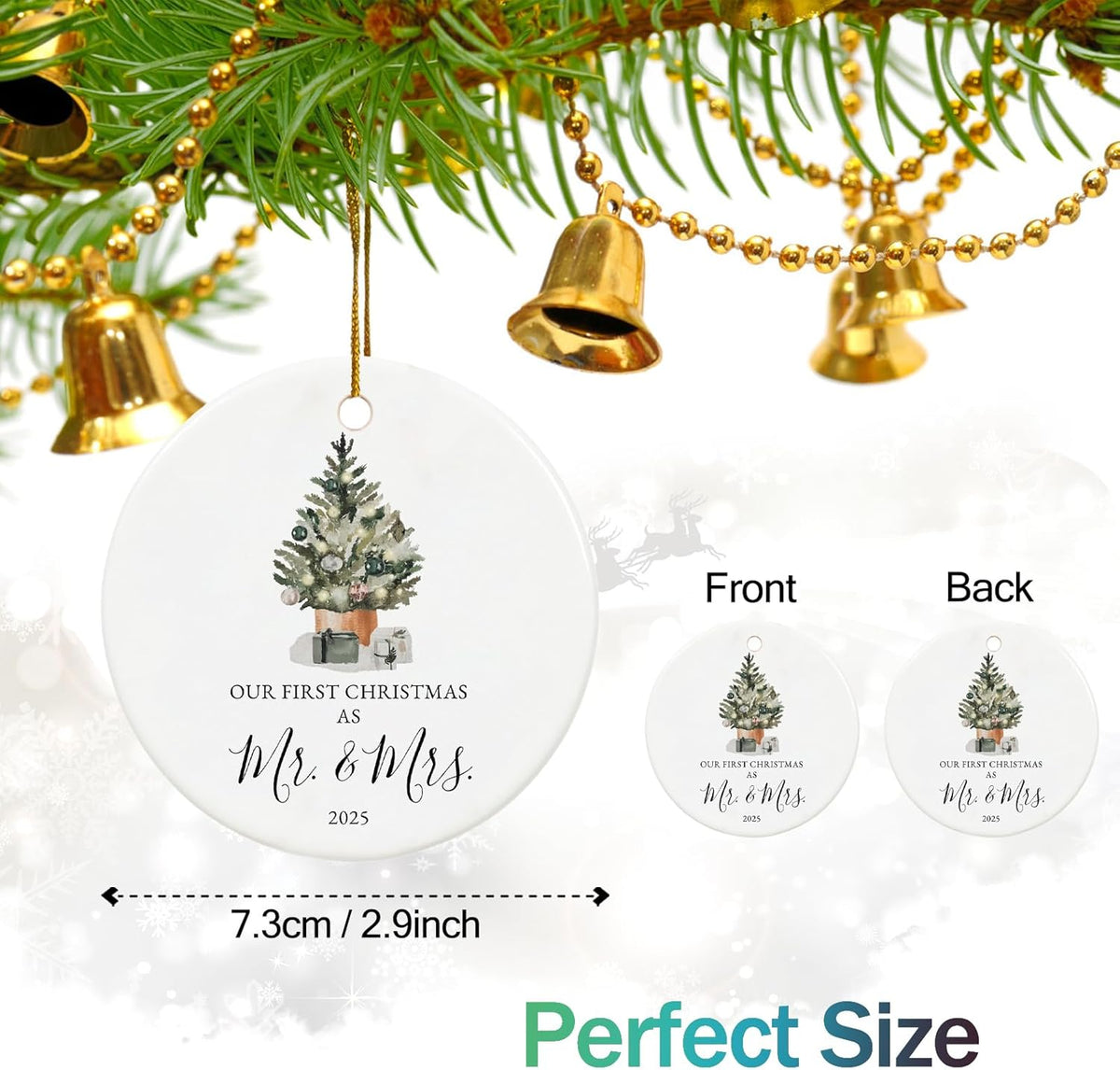 Our First Christmas Married Ornament 2025, Just Married Gifts for Couple, Mr and Mrs, Ceramic Keepsake with Ribbon and Gift Box