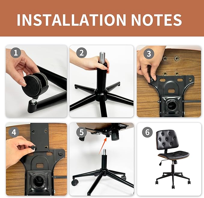 Small Home Office Chair – Armless Mid-Back Desk Chair with PU Leather, Adjustable Height, Swivel Wheels, Modern Walnut Legs for Small Spaces, Black