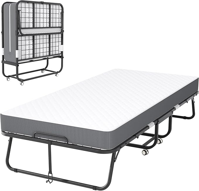 Superday Folding Bed with Mattress, 75" x 31" Folded Bed, Roll Away Beds with Mattresses for Adults, Portable Roll Away Guest Beds for Easy Storage, Space-Saving Sturdy Metal Frame