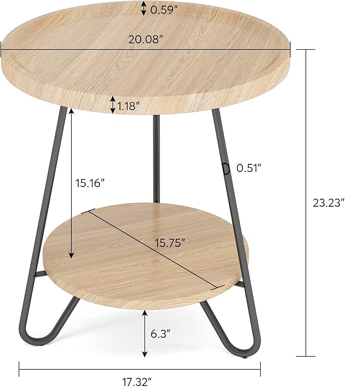 Tribesigns Set of 2 Round Side Table, 2-Tier End Table with Metal Legs, Modern Industrial Beside Table, Small Accent Table Snack Table for Living Room, Bedroom, Small Space, Wood Color