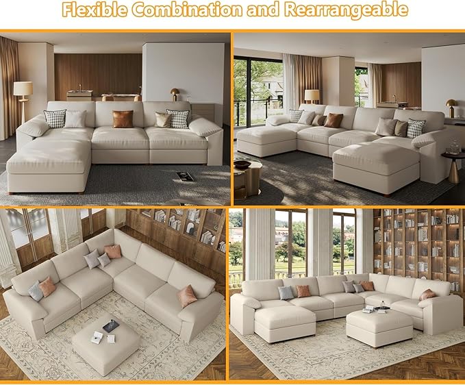 EASE MOOSE Oversized Modular Sectional Sofa,Leather Sectional Couch with Deep Seat,Extra Large U Shaped Couch,Faux Leather Material Sofa Modern Comfy Scratch Resistant,Beige