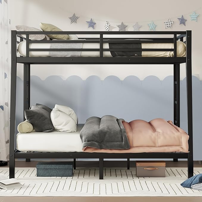 Bunk Bed Full XL Over Queen, Heavy Duty Metal Bunk Bed Frame, Queen bunk Bed with Guardrail Heavy Duty Bunk Bed Frame for Adults - Teens Dorm Bedroom Guest Room（Black）