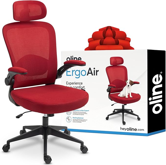 Oline ErgoAir Ergonomic Office Chair – Adjustable Lumbar Support, Flip-Up Armrests, Mesh Computer Desk Chair, Swivel Rolling Executive Gaming Chair for Home & Office (Red)