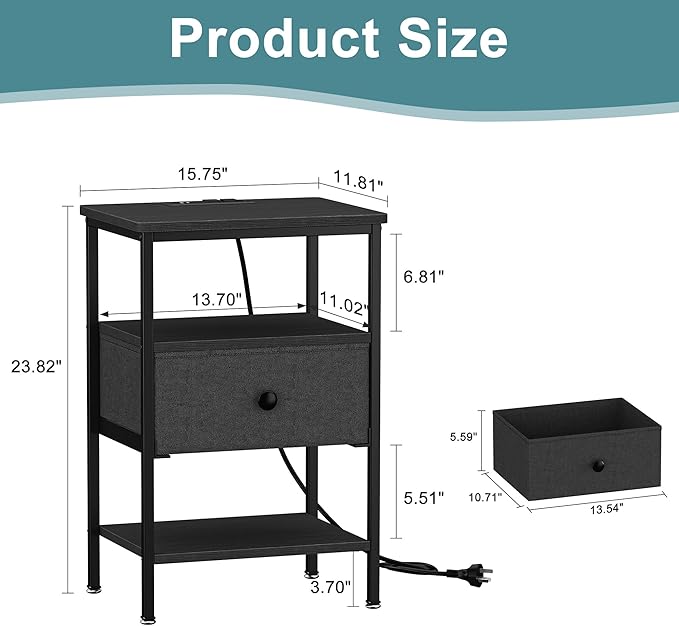 VECELO Night Stand with Charging Station, End Tables with Open Storage Shelf, Bed Side Tables with Fabric Drawers for Bedroom,Living Room,Classic Black