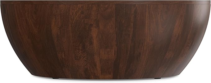 SIMPLIHOME Elmbrook Coffee Table - 34 inch Wide Solid Mango Wood Modern Industrial Round Drum Cocktail Table in Walnut Brown, Sculptural Living Room Table with Low Profile Design, Assembled