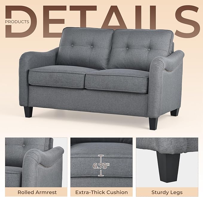 3 Piece 6-Seater Living Room Sofa Set, Modern Upholstered 3-Seater Sofa, Loveseat & Armchair, Handmade Nailhead Trim, Ergonomic Deep-Seat Couch for Living Room (Gray, Rolled Arm)