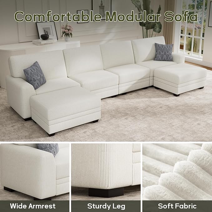 Wanderwell Oversized Modular Sectional Sofa, 6-Seater U Shaped Couches with Movable Ottoman,Corduroy Sectional Couch with Wide and Deep Seats Suitable for Living Room,Bedroom,Apartment (Cream, U-6)