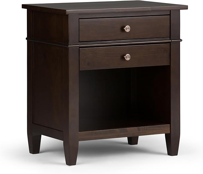 SIMPLIHOME Carlton Bedside Table - 24 inch Wide Solid Wood Nightstand Table in Dark Tobacco Brown, Transitional Bedroom Side or End Table with 2 Drawers, Open Storage Shelf and Bronze Hardware