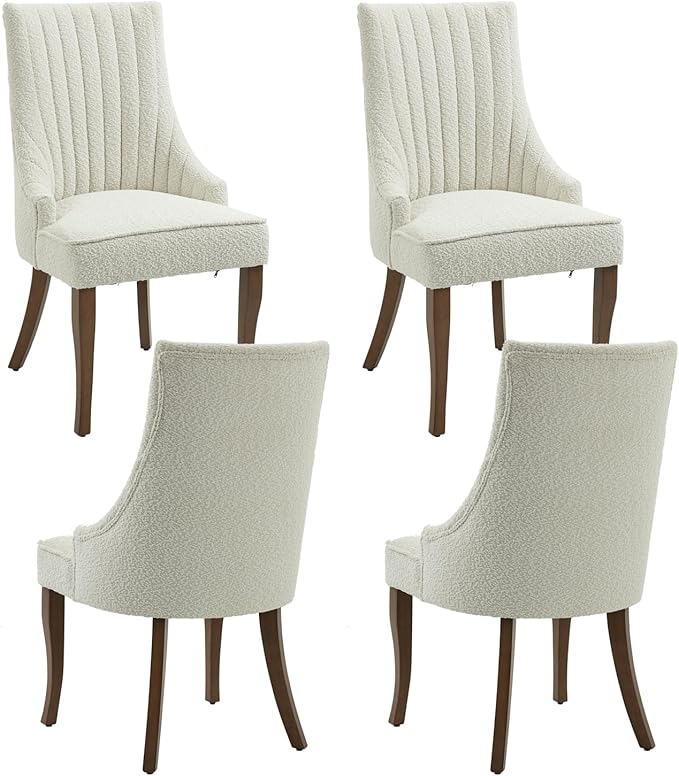 mikibama Boucle Dining Chairs Set of 4 Channel Tufted Kitchen Dinner Chair Comfy Teddy Fabric Upholstered Accent Chair for Dining Room with Solid Wood Legs (Off White 4pc)