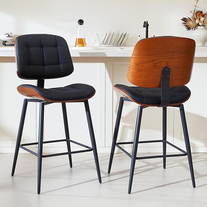 Mid Century Modern Bar Stools Set of 2 for Kitchen Island,Upholstered Black Faux Leather Counter Height stools,26 Inch Counter stools with Walnut Grain Back