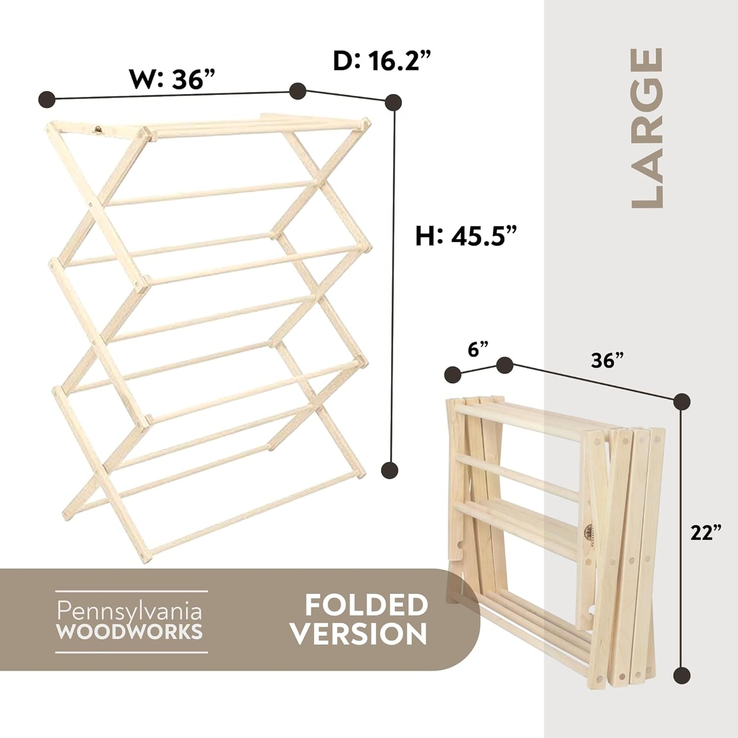 Pennsylvania Woodworks Premium American Maple Clothes Drying Rack - Handcrafted in Pennsylvania - Solid Wood Construction, Collapsible, Eco-Friendly Laundry Solution (Large)