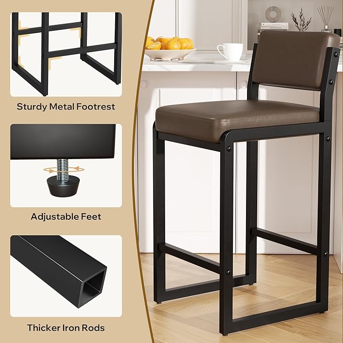 Bar Stools Set of 2, Faux Leather Counter Height Bar Stools with High Back and Metal Legs, Upholstered Bar Chairs, 26" Modern Barstools for Kitchen Island, Dark Brown