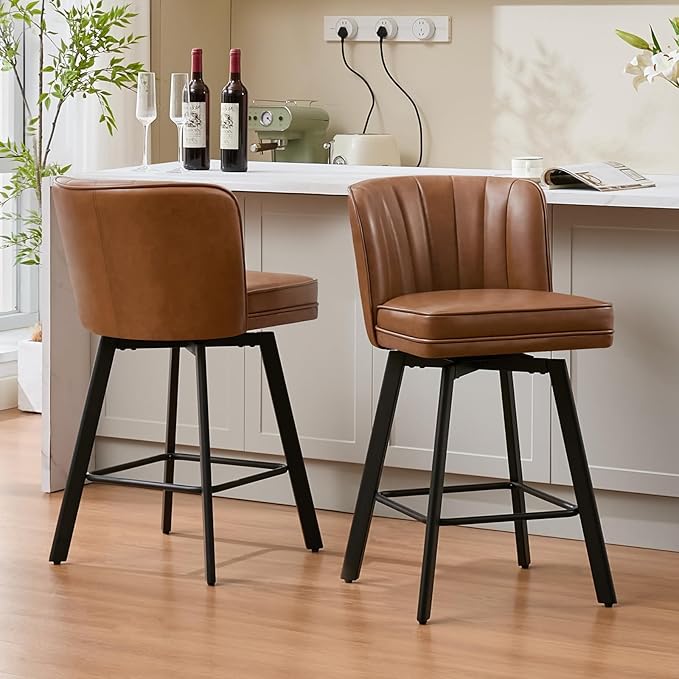 Swivel Counter Height Bar Stools Set of 2, 26'' Modern Barstools with Backs and Metal Legs, Upholstered Bar Chairs, Faux Leather Dark Brown Stools for Kitchen Island Chairs