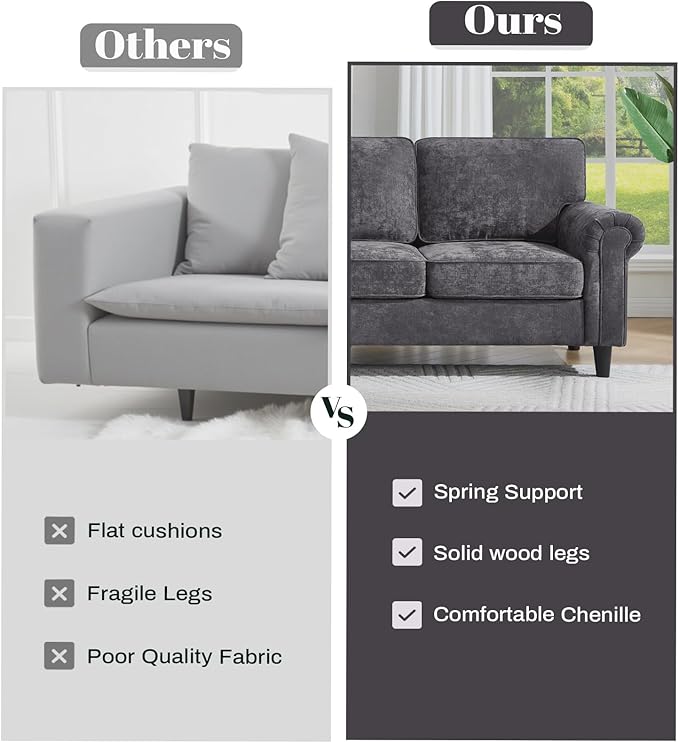 Kingfun 3 Seater Couch with Chair, Mid Century Modern Sofa Set with Rolled Arms and Deep Seats, Fluffy Comfort for Living Room, Apartment, Easy Assembly, Grey