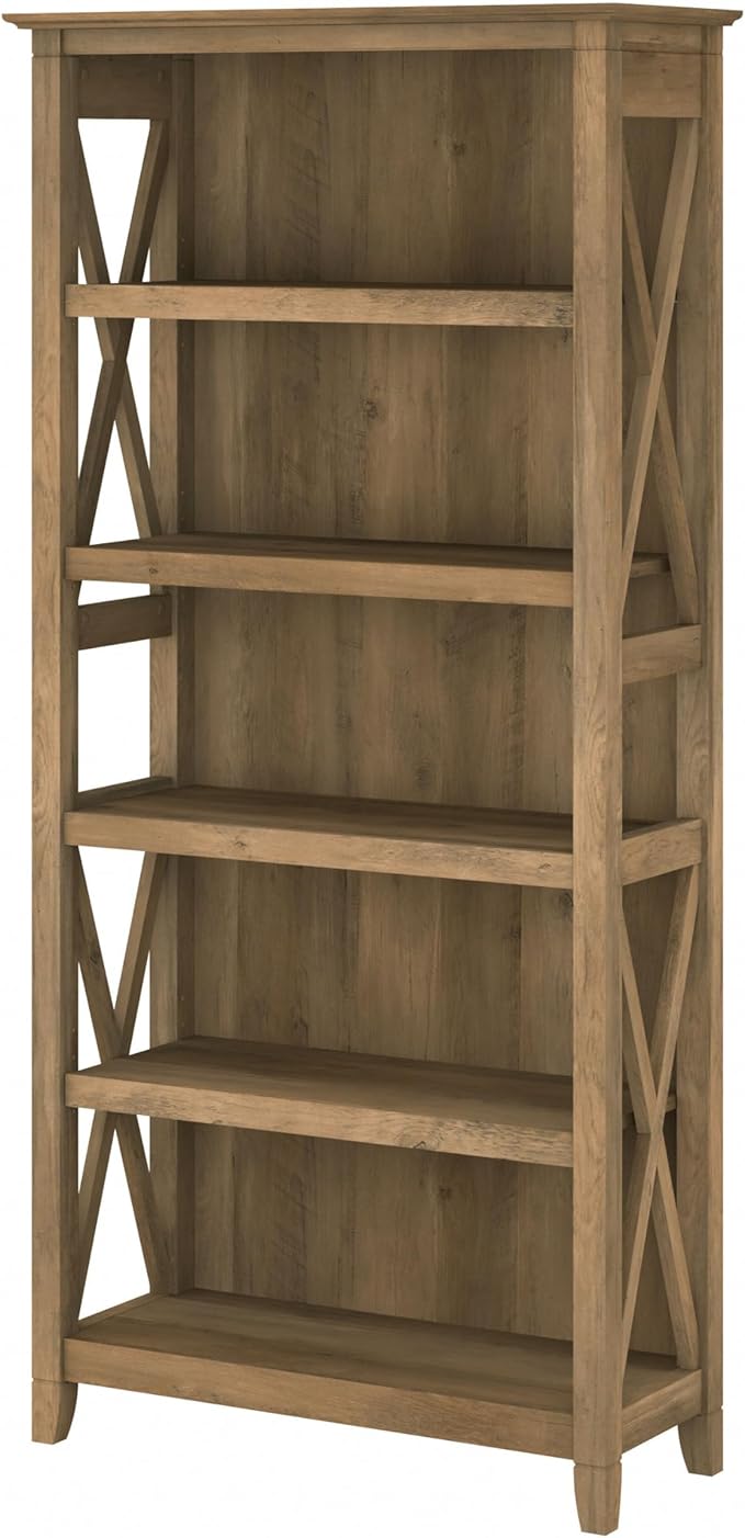 Bush Furniture Tall 5 Shelf Bookcase for Living Room or Home Office, Large Bookshelf, Modern Farmhouse Style, Key West Collection, Reclaimed Pine