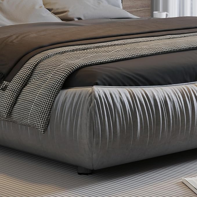 King Size Upholstered Platform Bed with Oversized Padded Backrest and Solid Wood Frame for Bedroom, Apartment Room, Gray