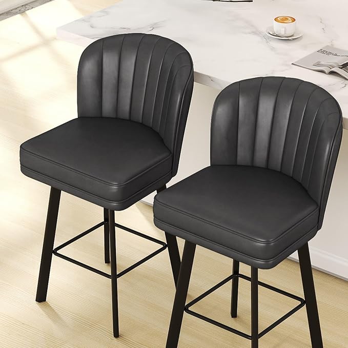 Swivel Counter Height Bar Stools Set of 2, 30'' Modern Barstools with Backs and Metal Legs, Upholstered Bar Chairs, Faux Leather Black Stools for Kitchen Island Chairs