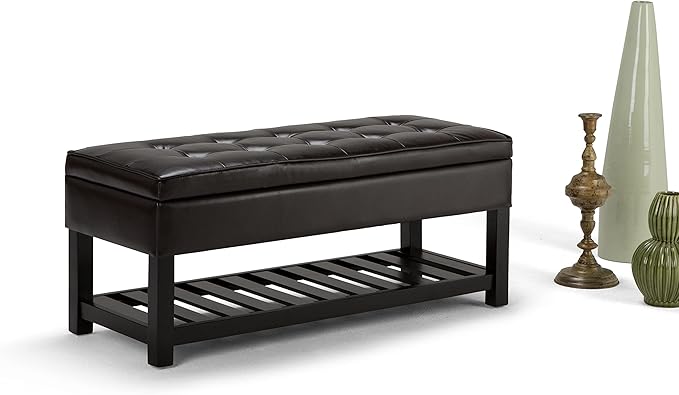 SIMPLIHOME Cosmopolitan Storage Ottoman Bench - 44 inch Wide Upholstered Vegan Leather Rectangle Storage Ottoman in Tanners Brown, Transitional Bench for Bedroom with Tufted Lift-Top and Open Shelf