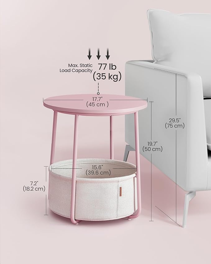 VASAGLE LILEA Collection - Small Round Side End Table, Modern Nightstand with Fabric Basket, for Living Room, Bedroom, Set of 2, Jelly Pink and Cream White ULET225SA01S