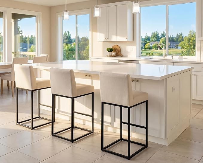 31" Counter Height Bar Stools Set of 3 with Back and Footrest for Kitchen Modern Metal Barstools, Linen Upholstered Bar Chairs Island Stools, Beige