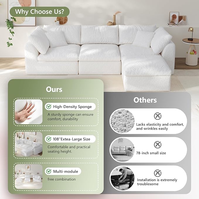 108" Boneless Cloud Couch Modular Sectional Sofa with Deep Seat for Living Room, L Shape Couch with Ottoman, Snowflake Cloth and 40D Memory Sponge，2 Throw Pillows (White, 3 Seater+1 Ottoman)