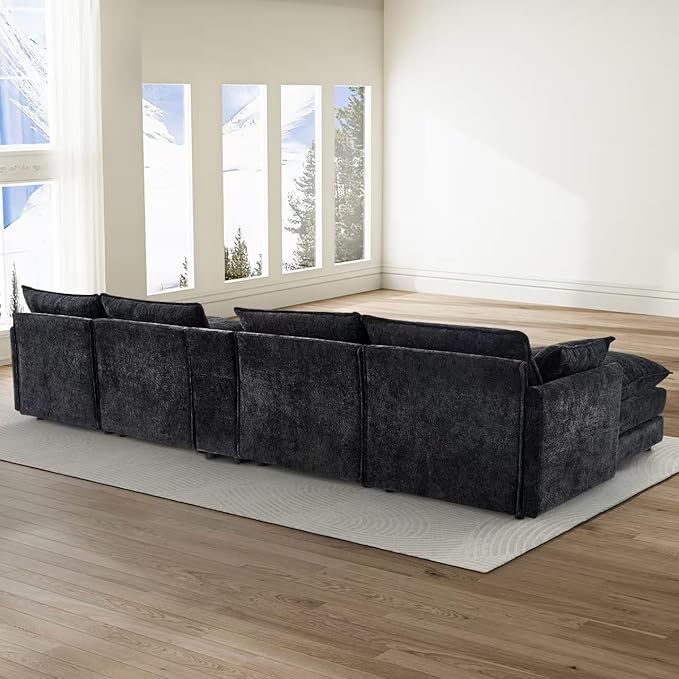 HYJT-H&K 145" U Shaped Cloud Couch Modular Black Fluffy Sectional Couches for Living Room, Comfy Chenille Oversized Cloud Couch Sectional, 6 Seat Large Sectionals Sofa Set Central Console USB