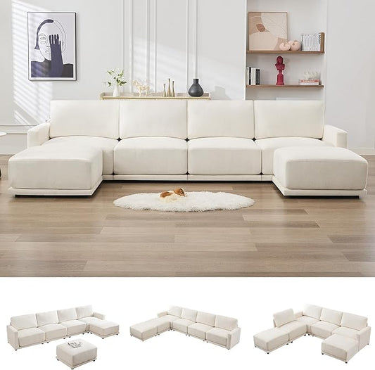 143.8" Modular Sectional Sofa Modern Chenille U-Shaped Couch with Thickened Seat Cushions, Easy Assembly, Upholstered 6 Seater Couch with 2 Movable Ottomans for Living Room, White