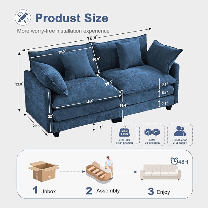 77" Cloud Chenille Sofa Set with Pillows, Deep Seat Loveseat Couch for Apartments, Space Saving 2-Seater with Solid Wood Frame, Easy Assembly (1YR Guarantee)