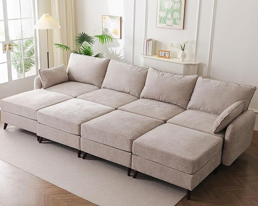 135'' Modular Sectional Sofa with All Seats Storage, Oversized Sleeper Sofa Bed for Living Room,4-Seater Comfy Cloud Couches with Movable Ottoman,Big Sectional for Bedroom,Velet,Khaki