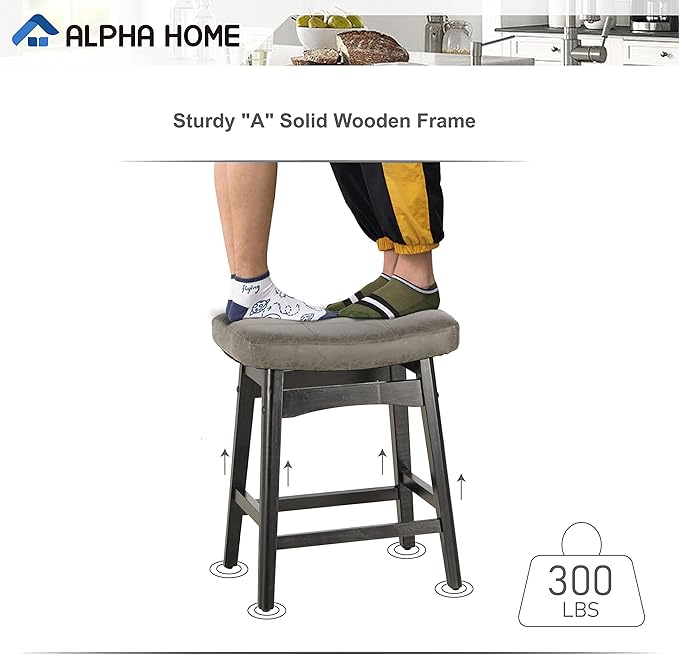 ALPHA HOME Bar Stool, Solid Wood Saddle Kitchen Stool with Grey PU Leather Cushion Counter Height Barstool with Wooden Base for Kitchen Dining Cafe, 24 Inch, Grey, 1PC