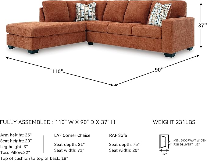 Signature Design by Ashley Aviemore Casual L-Shaped 2-Piece Sectional with Chaise and Loose Seat Cushions, Accent Pillows Included, 110" Wide, Burnt Orange