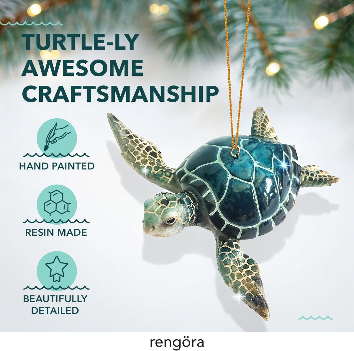 Hand-Painted Beach Christmas Ornament – Blue Sea Turtle Coastal Tree Decoration – Unique Nautical Christmas Ornament – Stocking Stuffer Gift for Ocean & Sea Life Lovers