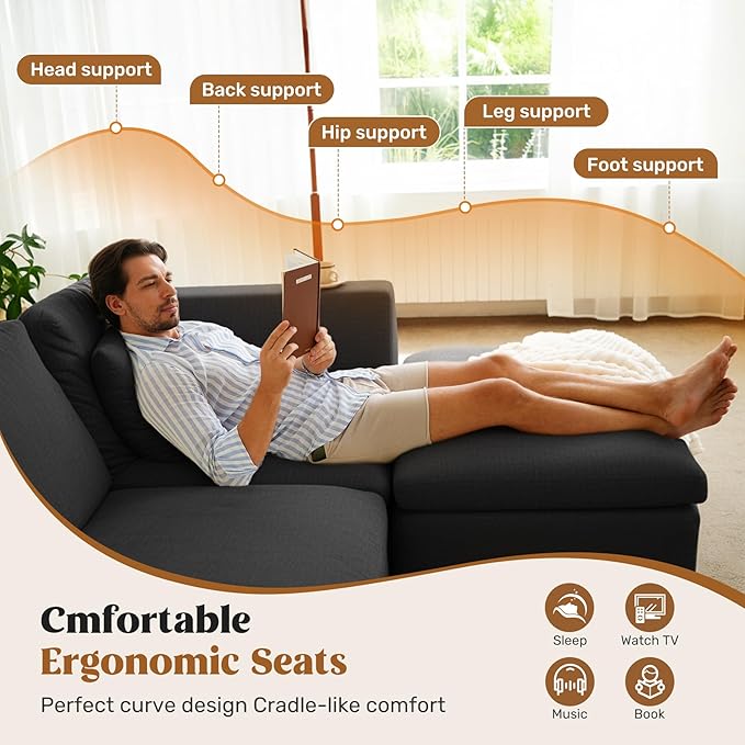 Loveseat Sofa, Cloud Boneless Couches for Living Room, 2 Seater Modular Sectional Sofa,Oversized,Black Chenille