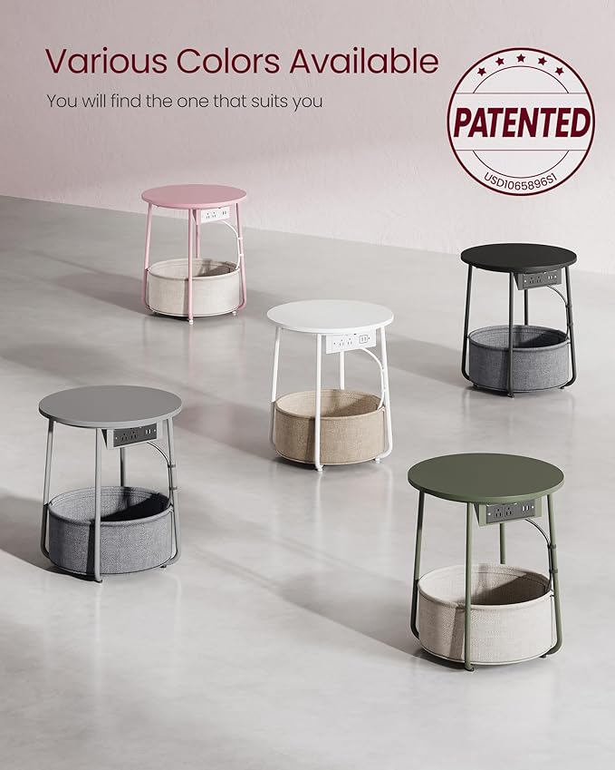 VASAGLE LILEA Collection - Side Table with Charging Station, Round End Table with Fabric Basket, Nightstand with USB Ports, for Living Room, Bedroom, Modern, Jelly Pink and Cream White ULET228R01