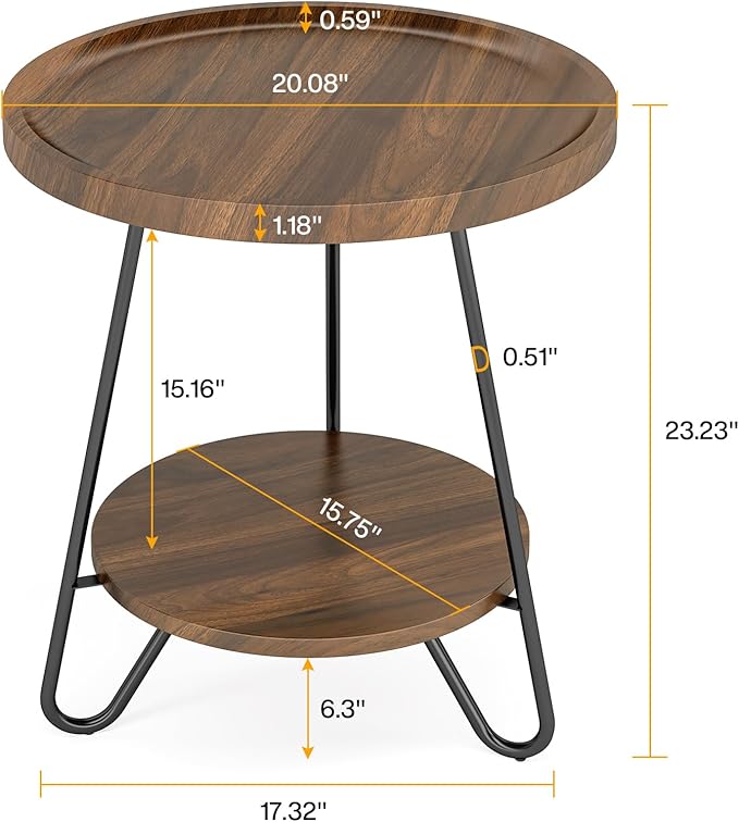Tribesigns Set of 2 Round Side Table, 2-Tier End Table with Metal Legs, Modern Industrial Beside Table, Small Accent Table Snack Table for Living Room, Bedroom, Small Space, Brown