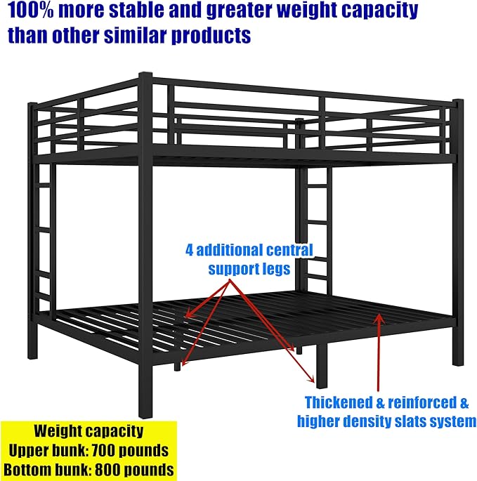 Latest Upgrade & Stronger Steel Queen Over Queen Bunk Bed, Heavy Duty Thickened More Rust-Proof Metal Bunkbed with Enhanced Legs & Slats (Easier Assembly)