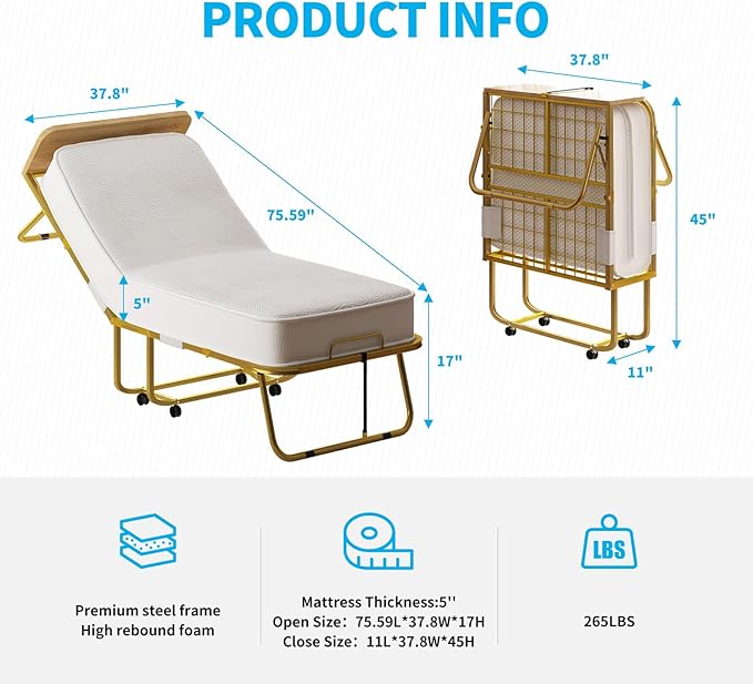 Mjkone Folding Bed with 5" Memory Foam Mattress & Upgraded 75x38 Frame Single Portable Guest Bed, Space-Saving Design, Lockable Wheels for Easy Moving, Quick Assembly & Compact Storage-Gold