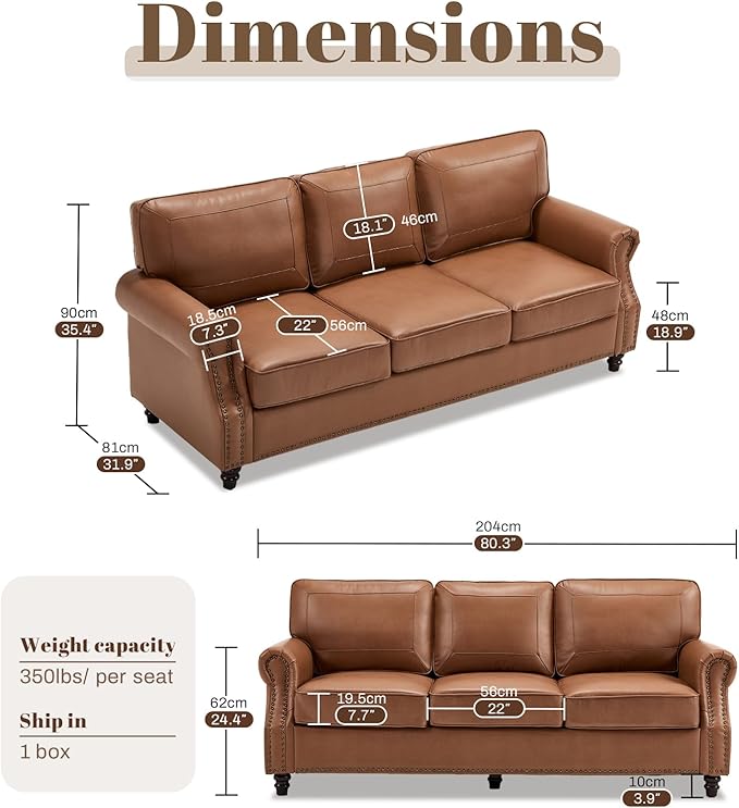 Kingfun Mid-Century Modern Couch, Faux Leather Sofa, 3 Seater Couch for Living Room with Rolled arms & Nailhead Trim, Brown