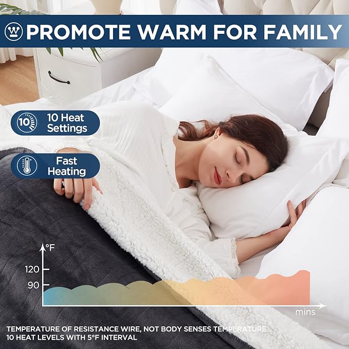 Westinghouse Electric Blanket Full, Heated Blanket Full Size with 10 Heating Levels and 1 to 12 Hours Heating Time Settings, Flannel to Sherpa Reversible, Machine Washable (80" x 84", Charcoal)