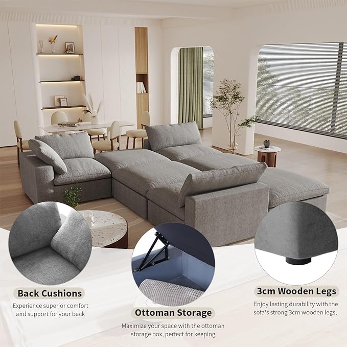 Cloud Couch Modular Sectional Sofa with Storage Ottomans,Oversized Down Filled 8 Seater Convertible Sectional Sofas, Gray Wide Deep Seat Couch for Living Room,Covers Washable&Replaceable