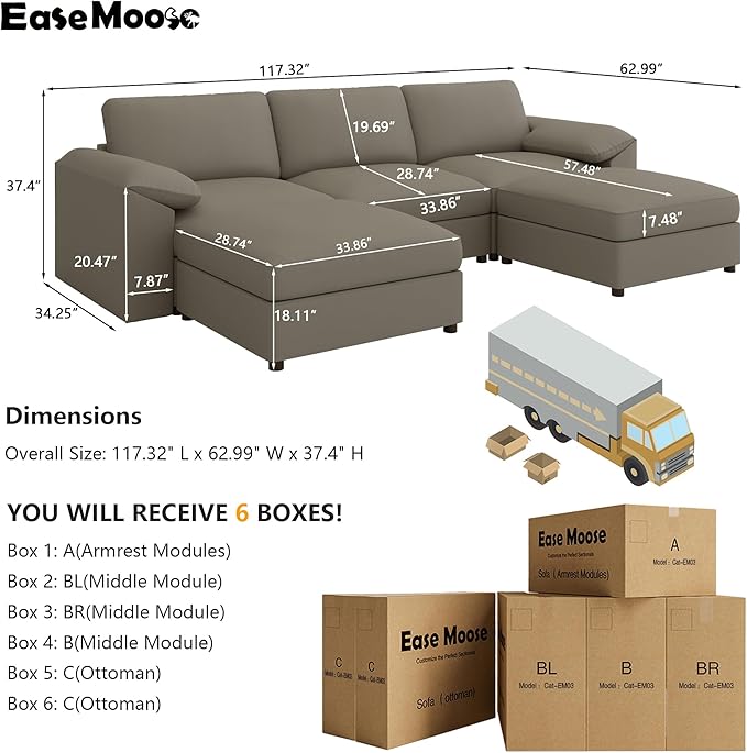 EASE MOOSE Oversized Modular Sofa with Deep Seat,Extra Large Sectional U Shaped Couch for Living Room,Comfy Scratch Resistant Faux Leather Material,Modern Sofas with Ottoman,Light Grey