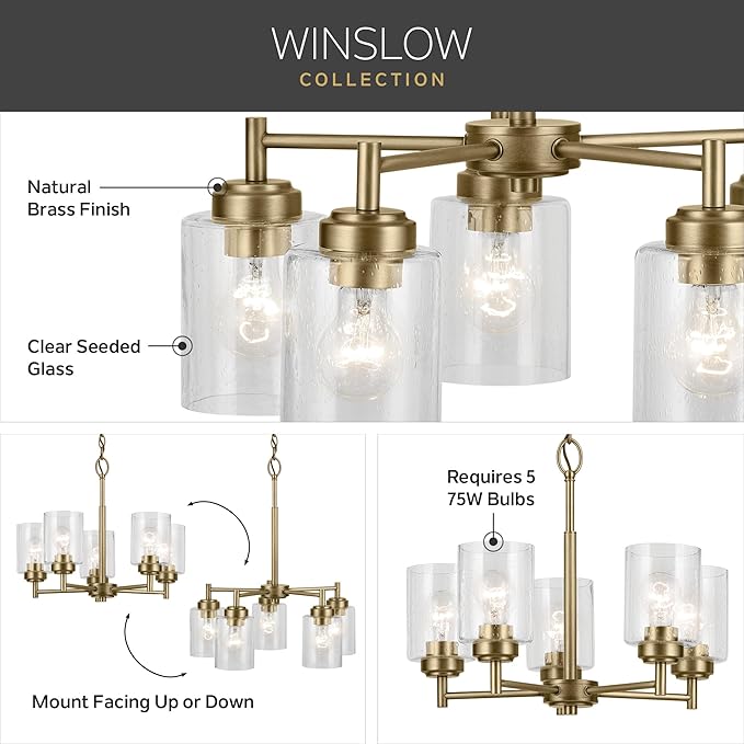 KICHLER Winslow 16.25" 5-Light Chandelier with Clear Seeded Glass in Natural Brass for Kitchen or Dining Area, Luxe Industrial (16.25" x 19.75"), 44030NBR